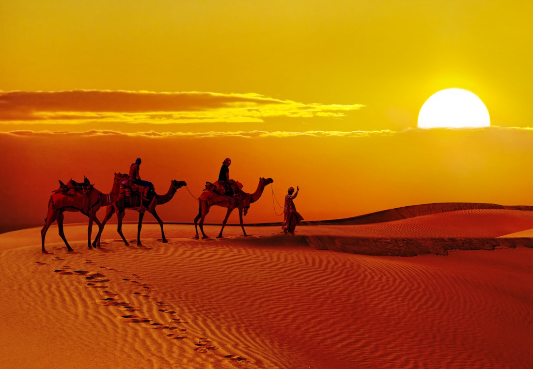 Karawane in der Wüste Thar zum Sonnenuntergang – © Byelikova Oksana - Fotolia