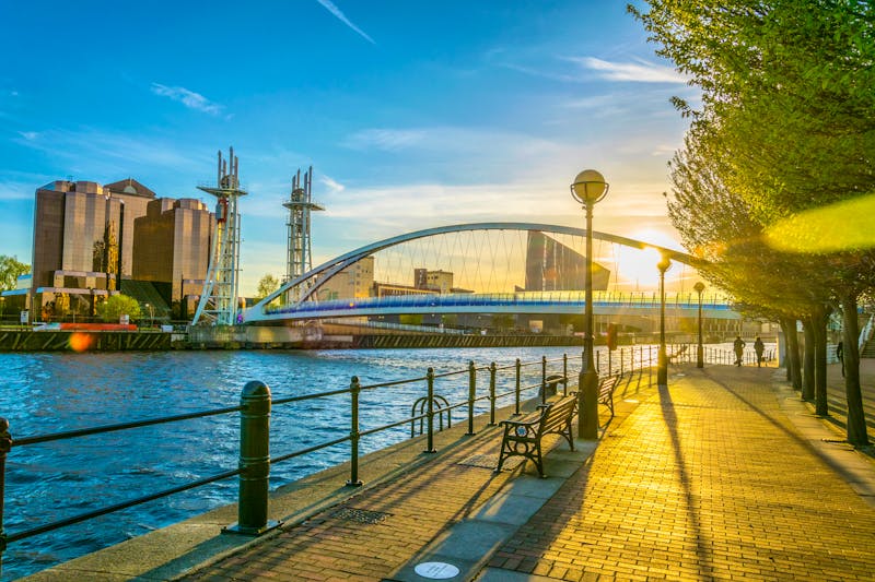 View of a footbridge in Salford quays in Manchester, England - &copy;dudlajzov - stock.adobe.com