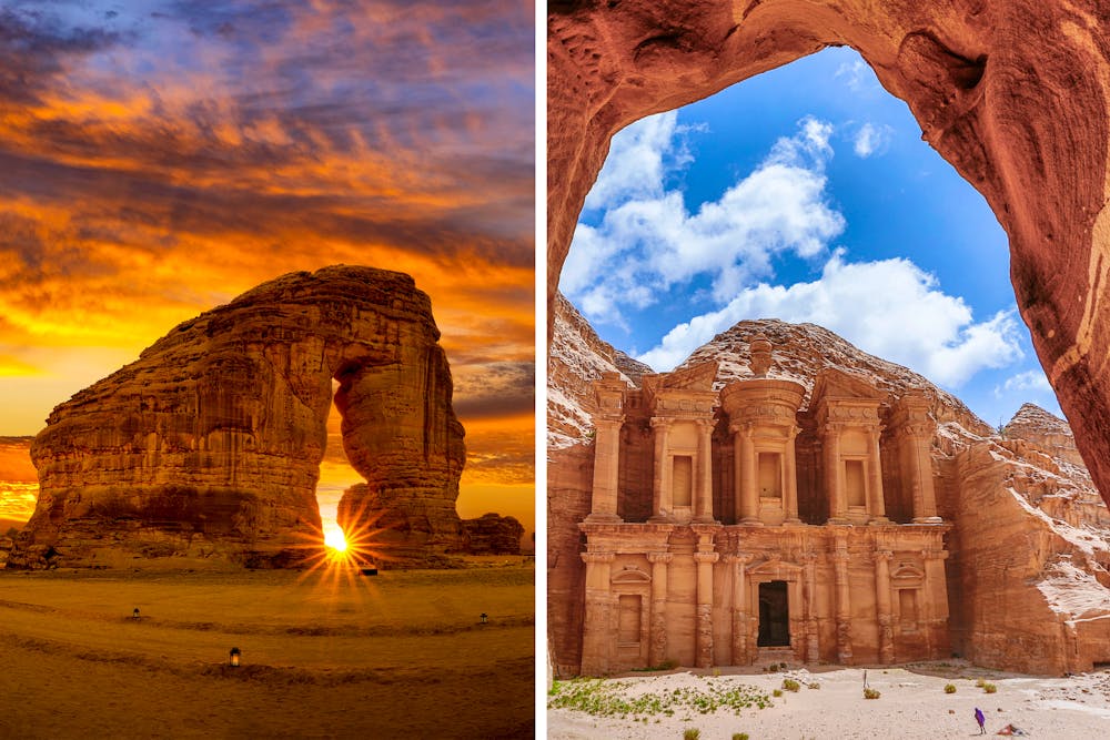 Elepant Rock in Saudi-Arabien und Petra in Jordanien &ndash; &copy; mindstorm und hyserb - stock.adobe.com