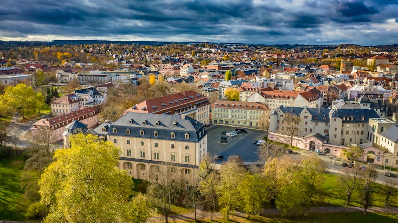 Weimar von oben - Altstadt mit Herzogin Anna Amalia Bibliothek im Vordergrund - ©Chemnitz von oben  - stock.adobe.com