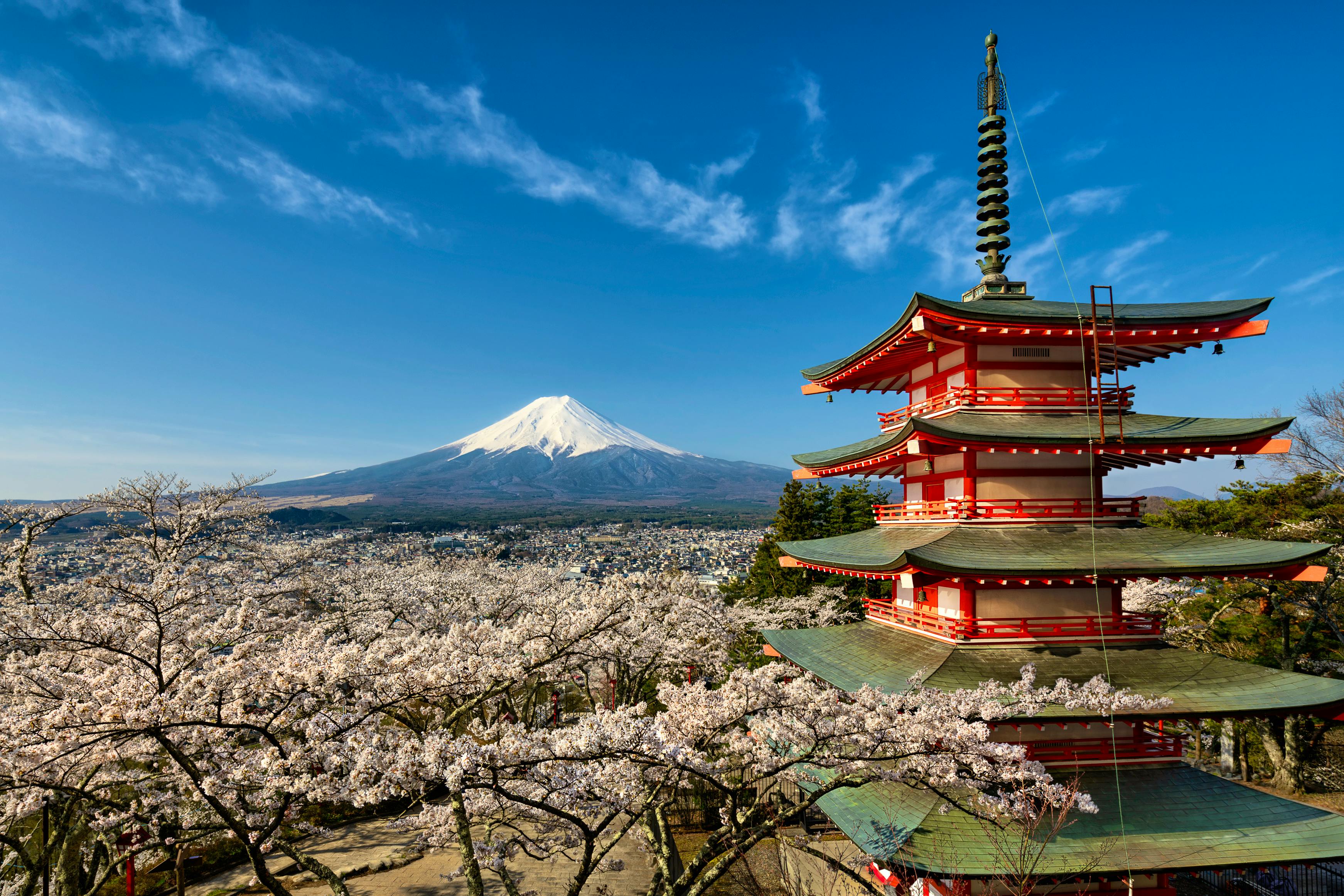 Mount Fuji with a red pagoda in spring season with cherry blossoms  Japan &copy; Mapics - Fotolia