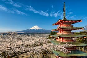 Mount Fuji with a red pagoda in spring season with cherry blossoms  Japan&nbsp;&ndash;&nbsp;&copy;&nbsp;Mapics - Fotolia