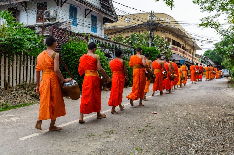 Binthabhat-Zeremonie in Luang Prabang - buddhistische Mönche auf dem Weg um feierlich Almosen zu erlangen - ©Jeff - stock.adobe.com