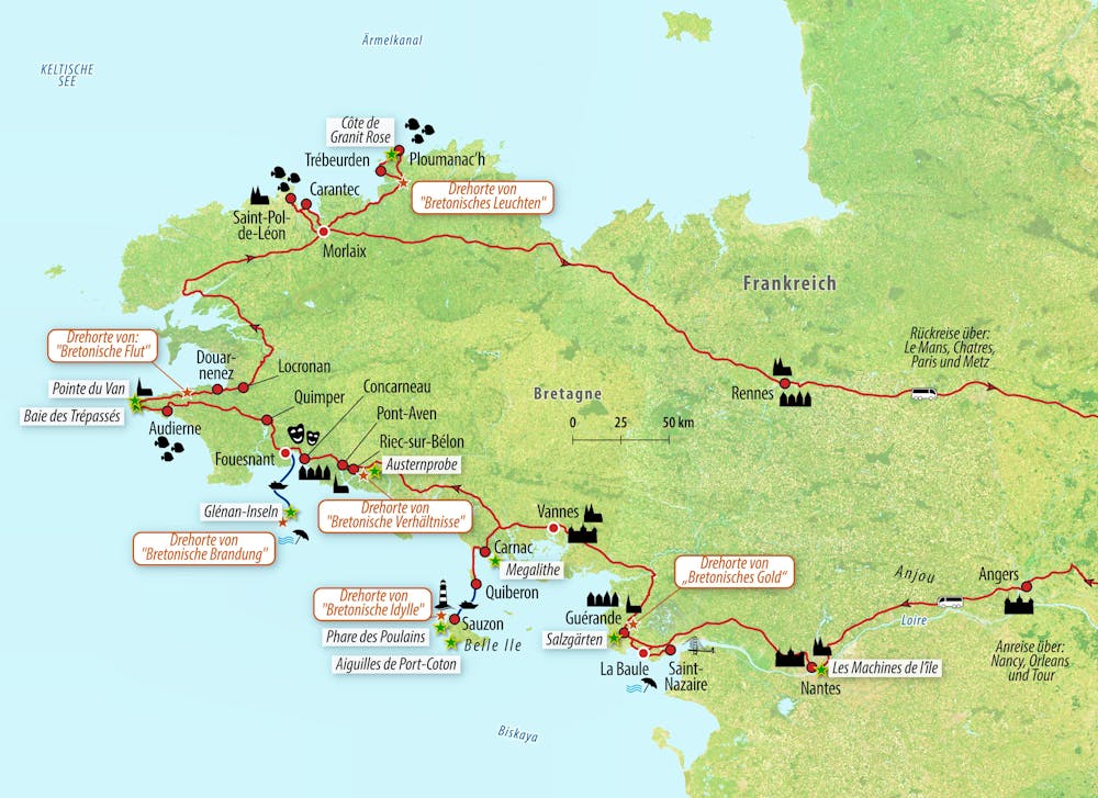 Reisekarte Rundreise Bretagne - auf den Spuren Komissar Dupins – © Eberhardt TRAVEL