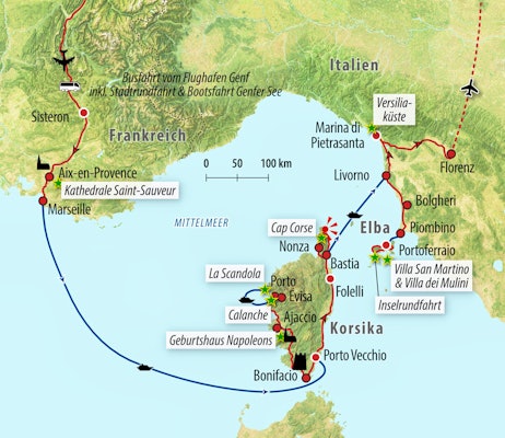 Reisekarte - Rundreise Frankreich, Korsika, Elba – auf den Spuren von Napoleon – © Eberhardt Travel