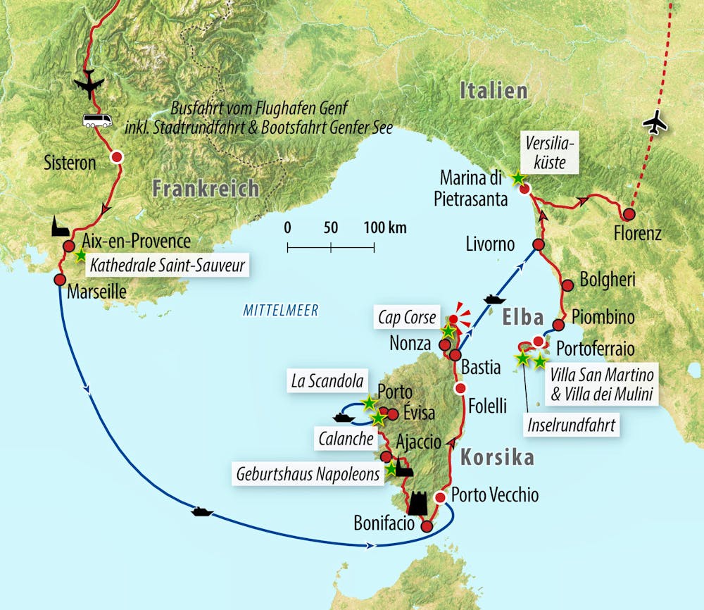 Reisekarte - Rundreise Frankreich, Korsika, Elba – auf den Spuren von Napoleon – © Eberhardt Travel