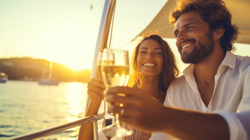 Paar entspannt beim Sonnenuntergang auf einer Yacht mit Champagner - ©Pro Hi-Res - stock.adobe.com