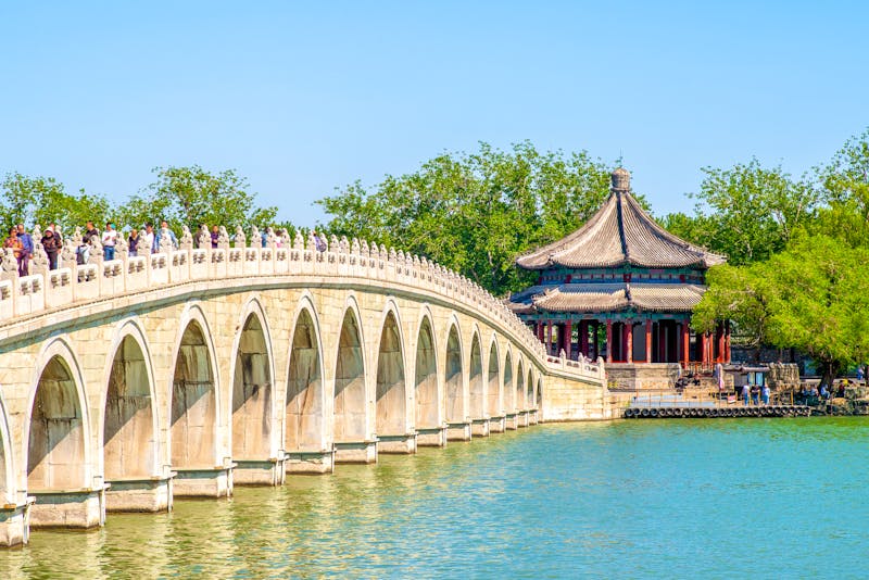 Park am Sommmerpalast in Peking - Brücke über dem Kunming-See und Kuoruting-Pavilion - ©Richie Chan - stock.adobe.com