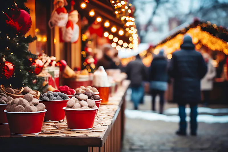 Weihnachtsmarkt in der Adventszeit - geschmückter Stand mit Naschwerk - &copy;ribalka yuli - stock.adobe.com