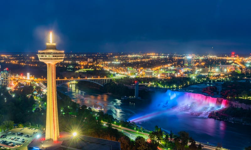 Night aerial view of the Skylon Tower and the beautiful Niagara Falls at Canada - ©Kit Leong - stock.adobe.com