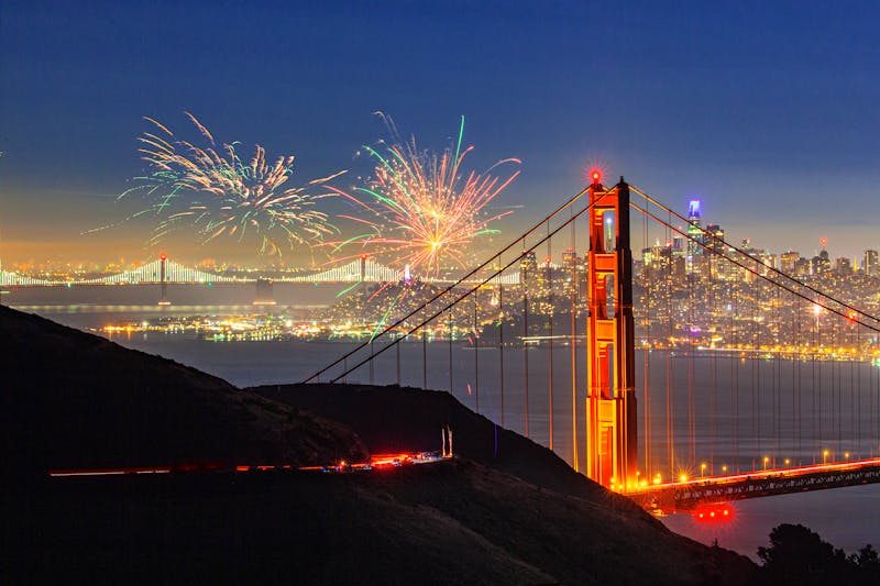 Golden Gate Bridge in San Francisco - Blick auf die City Skyline und Feuerwerk - ©Zw Chen/Wirestock Creators - stock.adobe.com