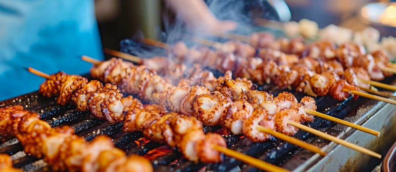 Octopus skewer is a popular street food at fresh markets in Japan, cooked on a traditional Japanese BBQ grill. - ©2rogan - stock.adobe.com