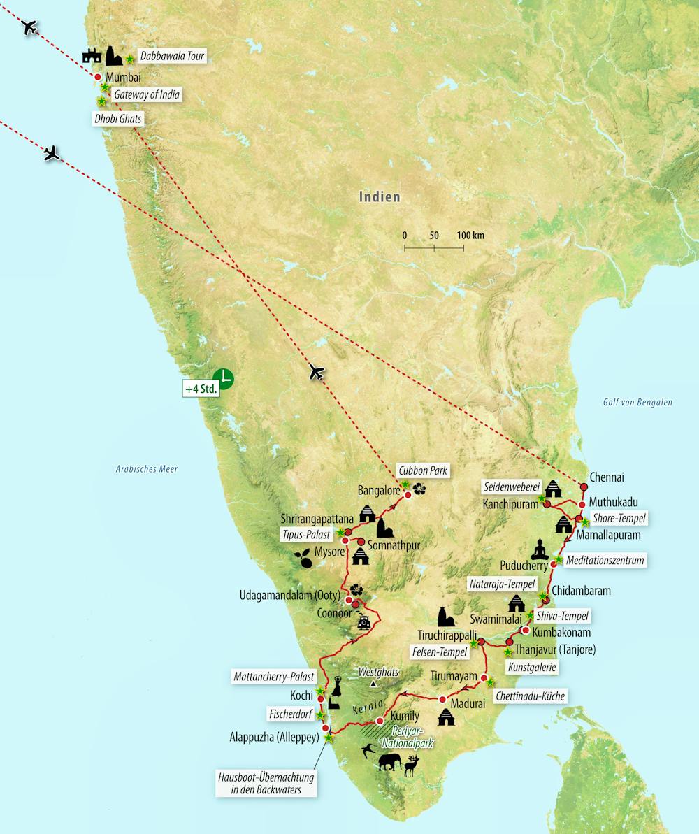 IN-SUEDI Reisekarte - Rundreise Süd-Indien - faszinierender Süden mit Mumbai – © Eberhardt TRAVEL