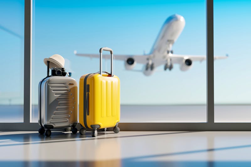 Reisen mit Koffer am Flughafen mit Flugzeug - ©aanbetta - stock.adobe.com