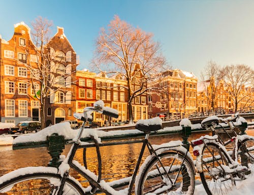 Amsterdam - mit Schnee bedeckte Fahrräder entlang einer Gracht im Winter – © Martin Bergsma - stock.adobe.com