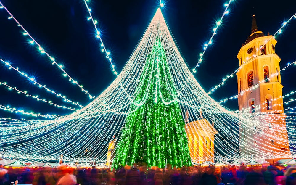 Vilnius - Weihnachtsmarkt und geschmückter leuchtender Weihnachtsbaum auf dem Domplatz &ndash; &copy; Roman Babakin - stock.adobe.com