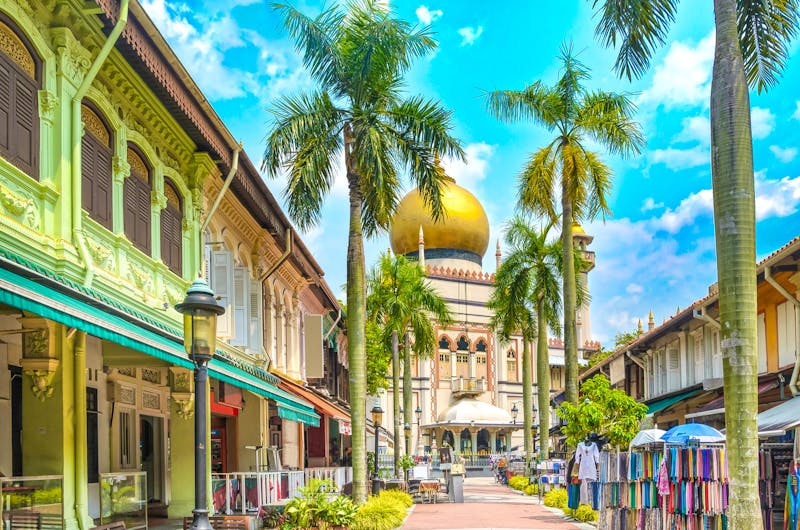 Bunte Ladenhäuser mit typischen Geschäften und die Sultan-Moschee in Kampong Glam - ©Lichtwolke99 - stock.adobe.com