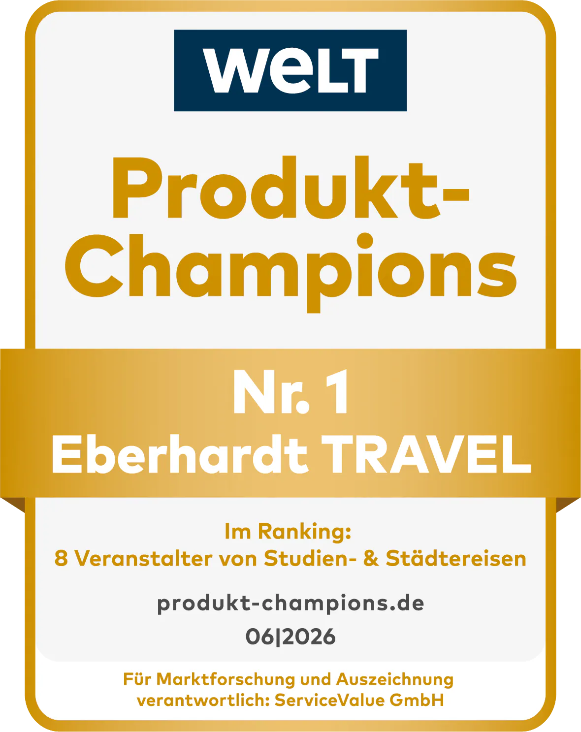 WELT-Siegel Produkt-Champions Nr. 1 GOLD 2026 (© Welt/ServiceValue)