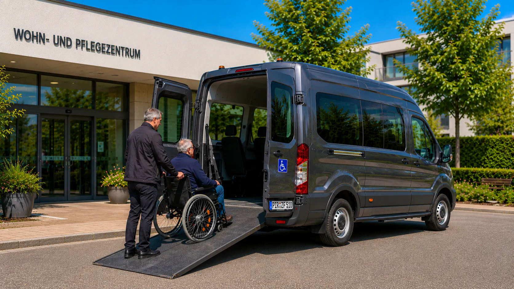 Barrierefreier Fahrtdienst - Fahrer hilft Rollstuhlfahrer ins Fahrzeug &ndash; © zumFlug