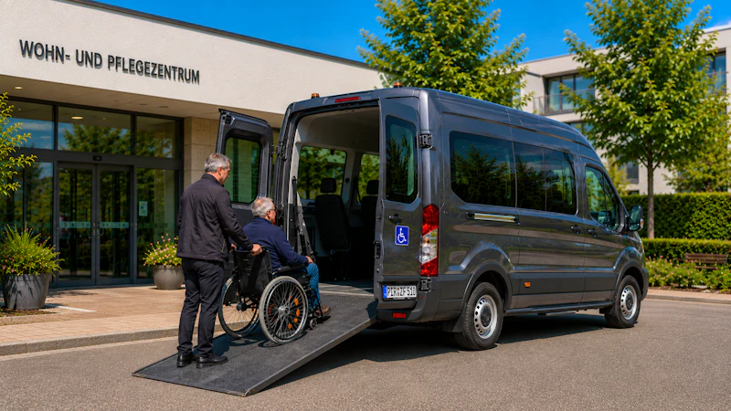 Barrierefreier Fahrtdienst - Fahrer hilft Rollstuhlfahrer ins Fahrzeug &ndash; © zumFlug