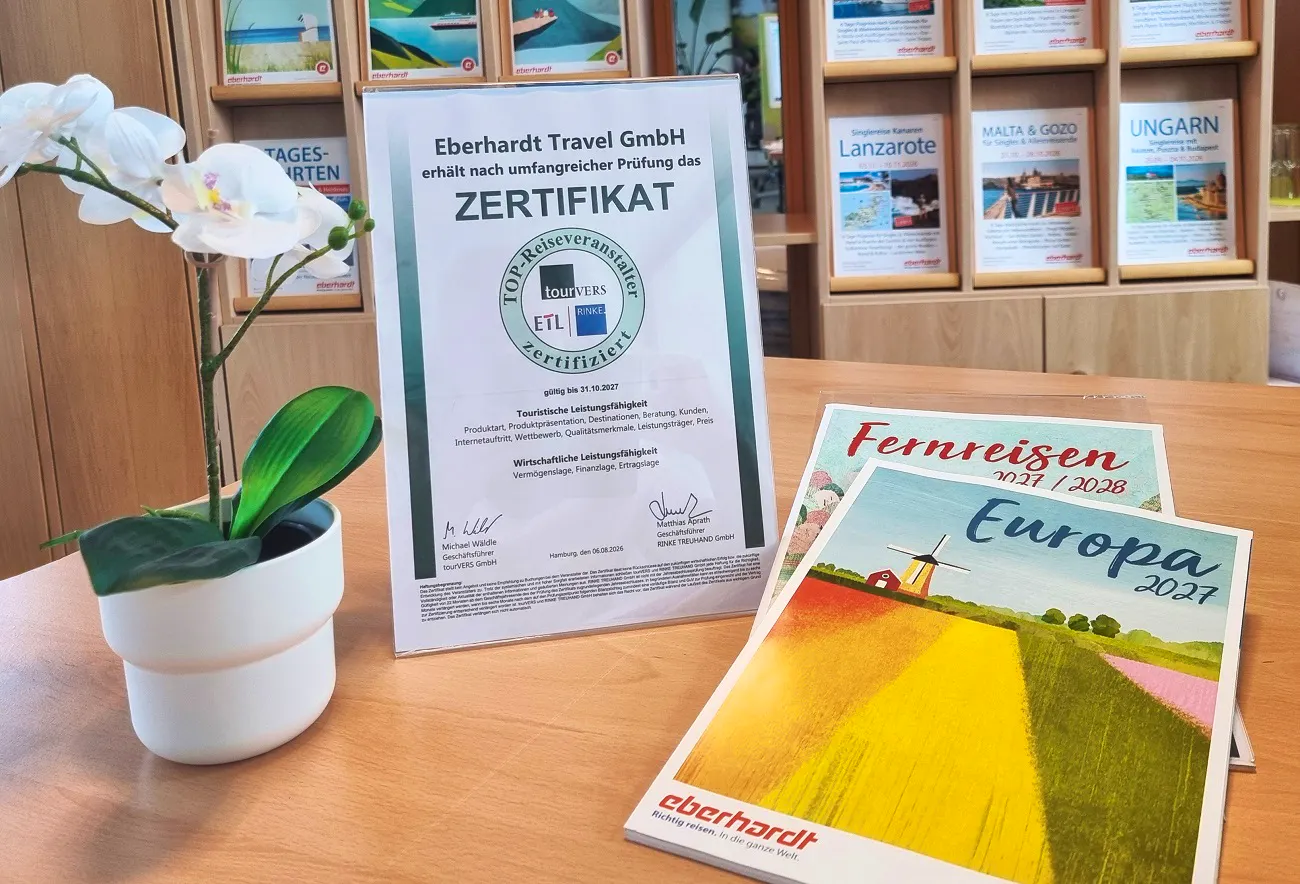 Eberhardt TRAVEL erstmals als TOP-Reiseveranstalter zertifiziert